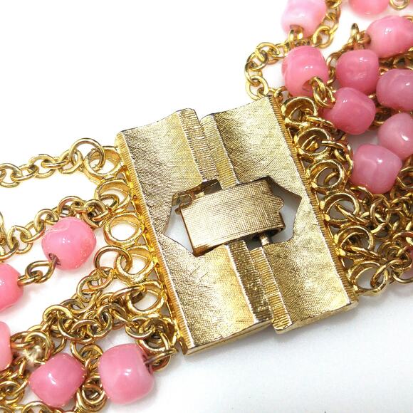 Vintage Pink Glass Multi Strand Necklace, Wide Gold Plated Clasp, 1950s - Picture 4 of 10
